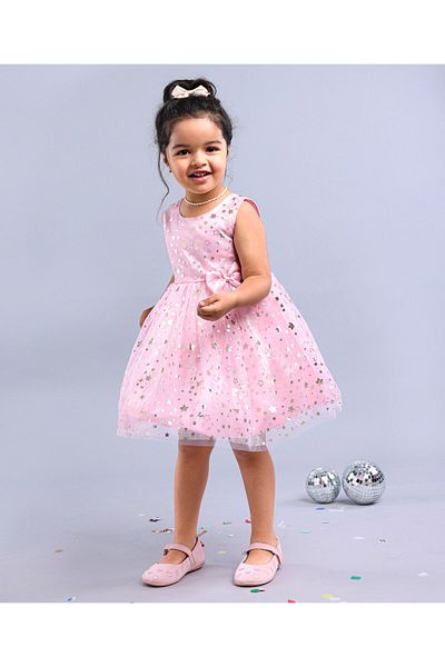 Babyhug Sleeveless Frock With Bow Applique Foil Star Print - Peach