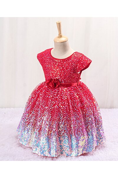 Babyhug Sleeveless Sequined Party Frock with Corsage - Red