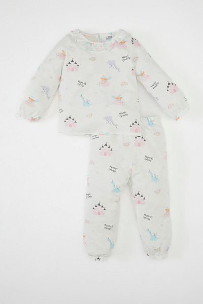 DeFacto Printed Long Sleeve Pajamas Set for Baby Girl - Elastic Waist, Long Bottom Combed Cotton D1799A524Au