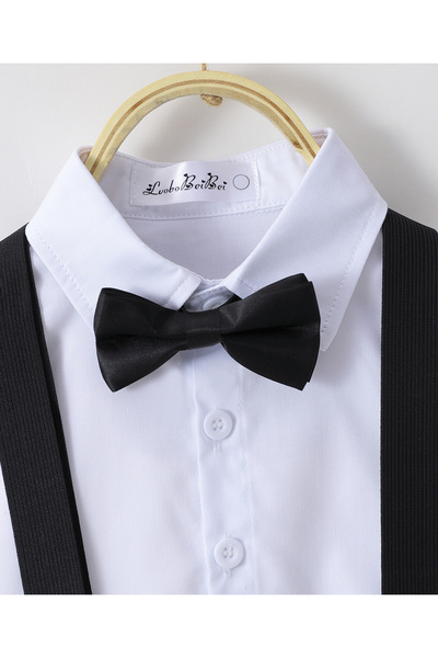 Kookie Kids Solid Shirt & Trousers Set With Suspenders & Bow Tie - White