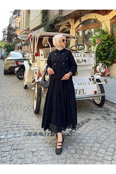 PİNK FLY Stone Detailed Floor-Length Scallop Hijab Set Black