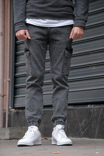 GREENPOLL Men's Gray Jogger Cargo Jeans - Side Pocket and Elastic Waist