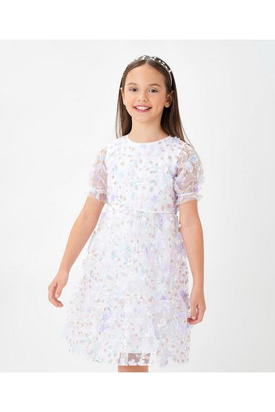 Primo Gino Half Sleeves Party Frock With Sequins & 3D Flowers Applique -Light Blue