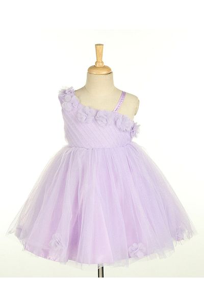 Babyhug Sleeveless One Shoulder Party Frock With Floral Corsage  Glitter Detailing - Lavender