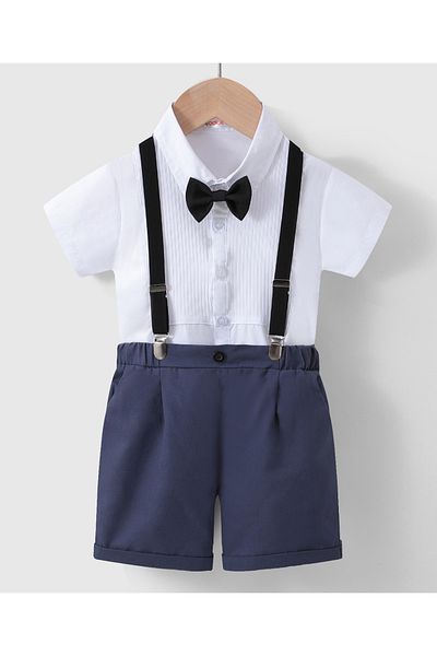Kookie Kids Solid Shirt & Short Bottom Set With Suspenders & Bow Tie - White & Blue