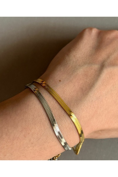 Doğaltaş Lazerizi Unisex Kararmaz Yassı Gold İtalyan Zinciri Çift Çelik Bilek...