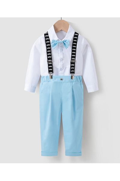 Kookie Kids Shirt with Bow and Pants with  Suspender Set - White & Blue
