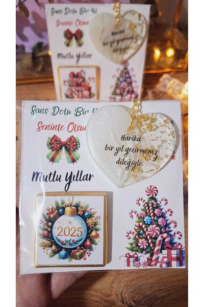 SevgiliAtolyemm New Year's Themed Card Chocolate (with Key Chain Gift) 5 Pieces New Year's Christmas Gifts