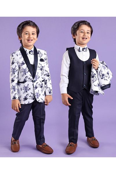 Babyhug Full Sleeves Party Suit With Blazer Floral Print- White  Blue