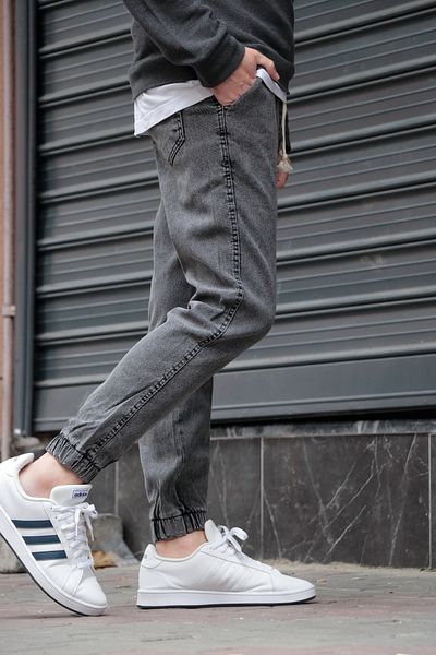GREENPOLL Men's Gray Jogger Jeans - Elastic Waist and Leg, Washable Denim