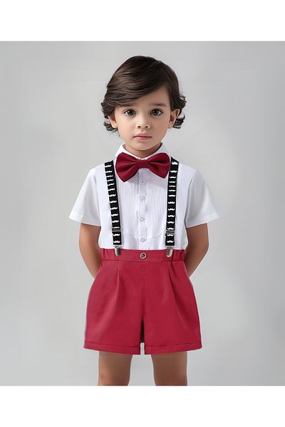 Kookie Kids Solid Shirt & Short Bottom Set With Moustache Print Suspenders & Bow Tie - White & Red