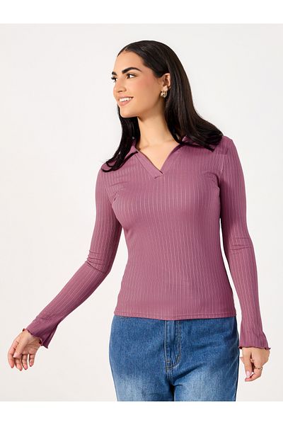 Styli Ribbed Fitted Polo T-Shirt with Long Sleeves