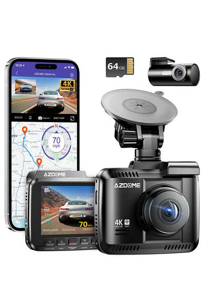 AZDOME 4K Dash Cam Front and Rear, 2160P Car Camera for Car, 64GB Card Included WiFi Dash Cam with GPS