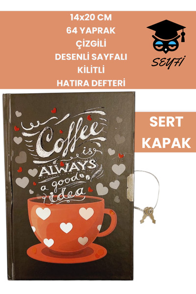 SEYFİKİRTASİYE 14x20 CM 64 YAPRAK ÇİZGİLİ DESENLİ SAYFALI KİLİTLİ HATIRA DEFTERİ GÜNLÜK KAHVE SERİ COFFEE NOTEBOOK