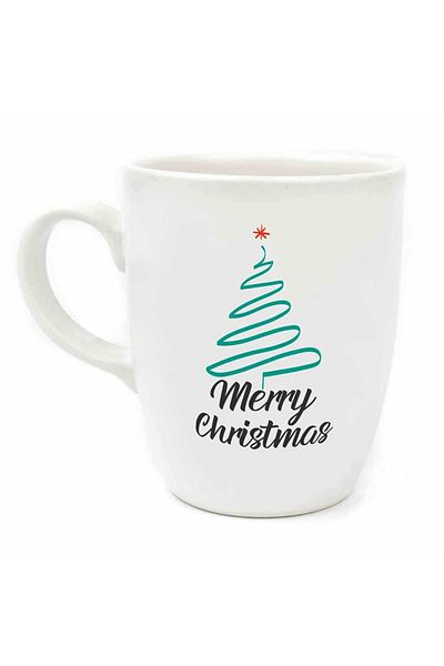 PALTO TASARIM Merry Christmas Illustration Christmas Tree Cream Oval Mug No:22-Christmas Themed Mug