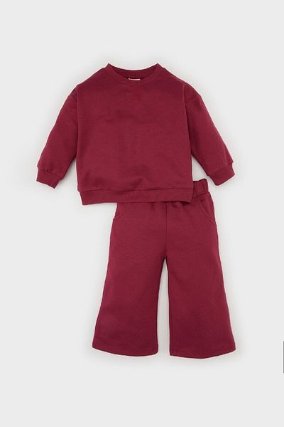 DeFacto Basic 2-Piece Set for Baby Girl - Plain Crew Neck Sweatshirt and Wide Wide Leg Bottom D7257A524Wn
