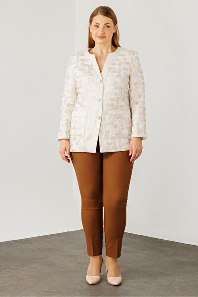 Moda İlgi Modailgi  Varak Kumaşlı V Yaka Ceket Ekru