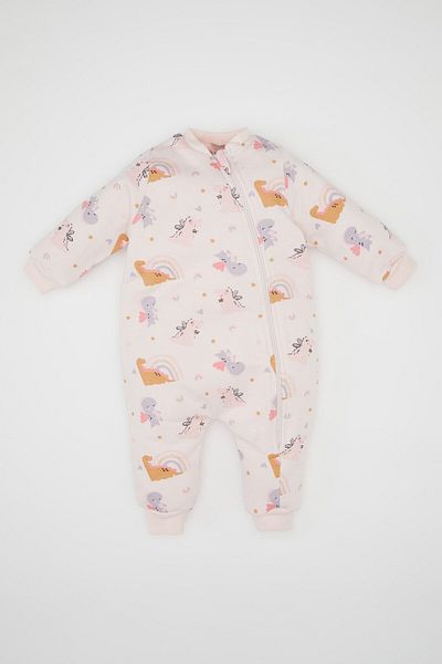 DeFacto Pink Dinosaur Printed Long Sleeve Combed Cotton Jumpsuit for Newborn Baby Girl D2451A524Au