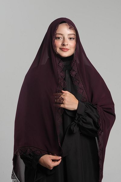 HÜRREM BONE Plum Prayer Hijab Shawl Chiffon Laced 202106 _07