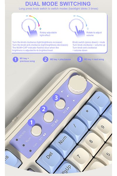 Aula S99 Keys Tri-Mode with Media Knob Programmable Membrane Computer RGB Wireless Creamy Gaming Keyboard