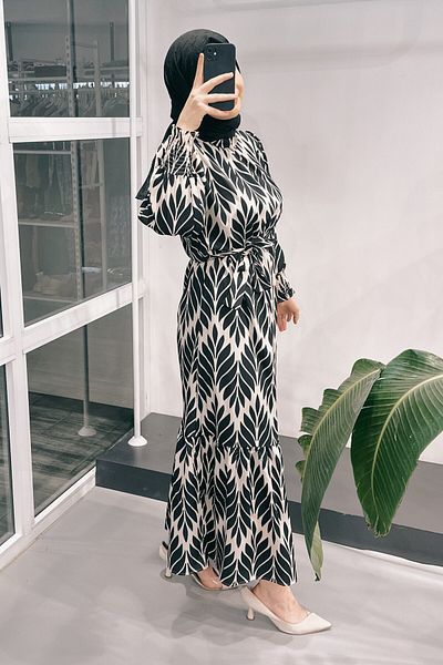 ModaSelin Ms245 Leaf Print Satin Black Dress