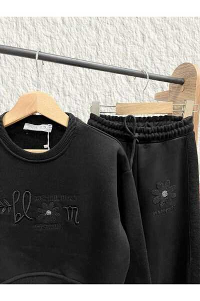 Uğur bebe Girl's Black Crop 3 Thread Rasterless Brushed Sweatshirt Wide Leg Single Bottom Tracksuit Set