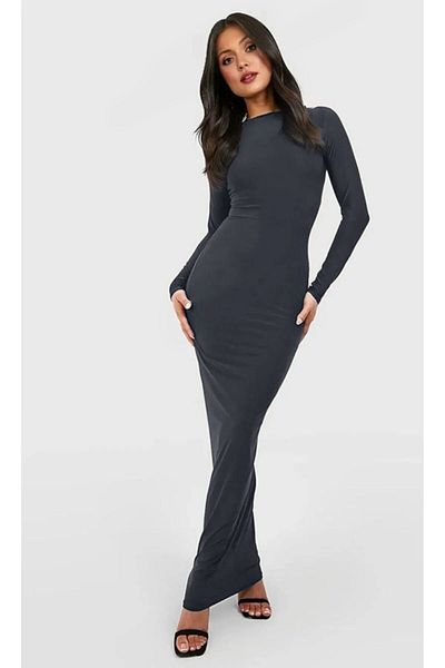 segiza Anthrazitfarbenes, langärmliges, figurbetontes Maxikleid aus Lycra-Spezialstoff in voller Passform