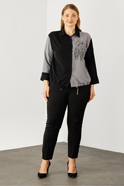 Moda İlgi Modailgi  Etek Ucu Büzgülü Çiçek Baskılı Bluz Gri