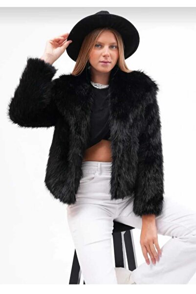 ECK MODA معطف فرو نسائي ببطانة داخلية وجيب وياقة واسعة