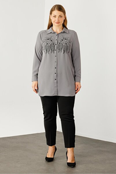 Moda İlgi Modailgi  Çiçek Baskılı Uzun Gömlek Tunik Gri