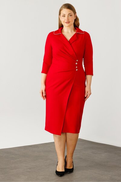 Moda İlgi Modailgi  Belde Pile Detaylı Truvakar Kol Midi Boy Elbise Kırmızı