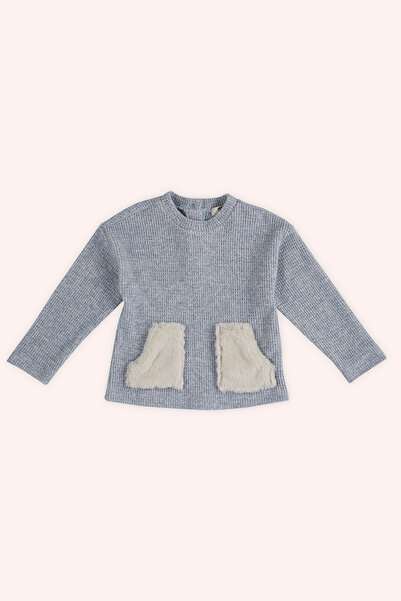 Panço Kız Bebek Cep Detaylı Mavi Triko Kazak