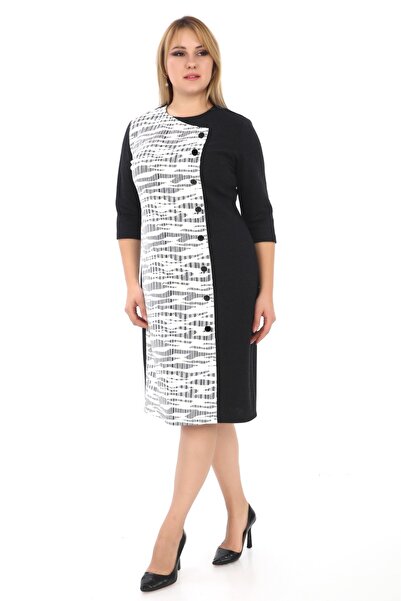 etselements Evening Dress with Print Crew Neck and Button Detail - 7071