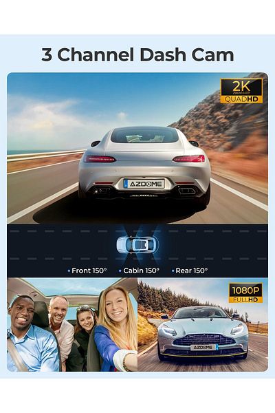 AZDOME 3 Channel Dash Cam M550, Built-in WiFi GPS, 2K+1080P+1080P Front, Rear & Cabin 64GB Card Included