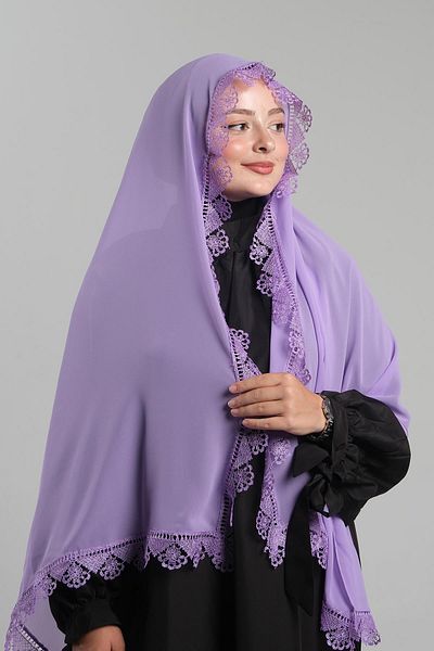 HÜRREM BONE 202106 _22 Purple Chiffon Laced Prayer Hijab - Shawl
