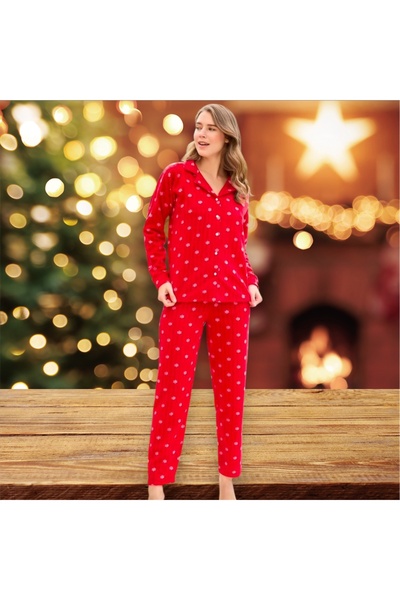 Pijamoni Kırmızı Kadın Kar Tanesi Kırmızı Yeni Yıl Pijama Takımı