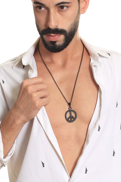 LABALABA Men's Black Oxide Plated Printed Peace Symbol Pendant Necklace