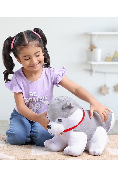 Babyhug لعبة كلب الهاسكي المحشوة 35 سم، حيوان محشو ناعم للأطفال بعمر سنتين، غير سام باللون الرمادي