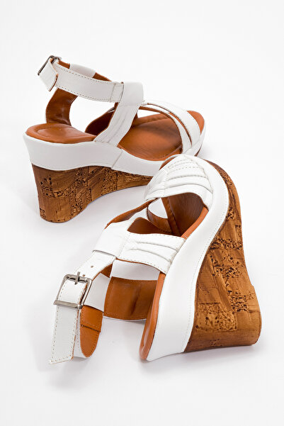 Dericlub Zy 5345 White Wedge Heeled Leather Women's Sandals
