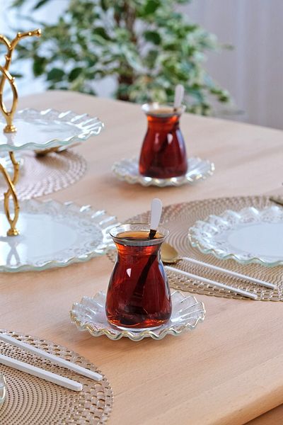 Glore Marche Gold Gilded Glass Tea Plate Set for 6 People
