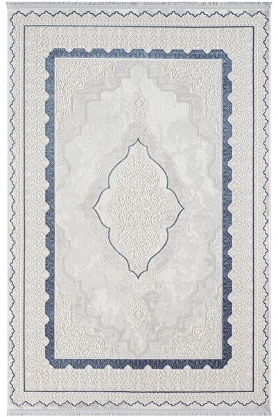 Karmen Halı Dark Dk016m Gri Halı Mavi Kenar Çerçeveli Göbekli Akrilik Tozuaz ...