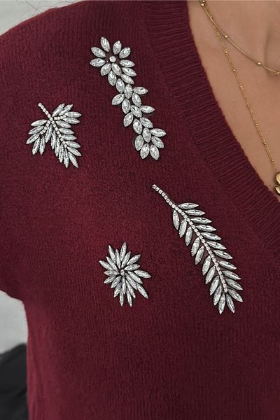 FEMELLE Women's Burgundy Standard Size Stone Embroidered Oversize Knitwear Sweater