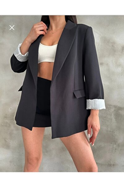 BKUzer Minimal Dokulu Oversize Blazer Ceket - Gri, Yeşil ve Siyah Renk Seçene...
