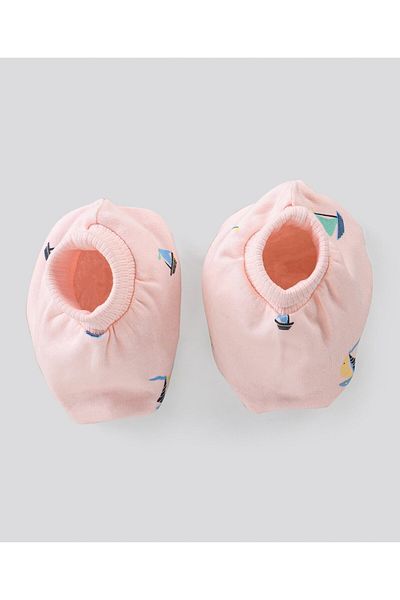 Bonfino 100% Cotton Knit Cap Mittens & Booties Set Boat Print - Pink
