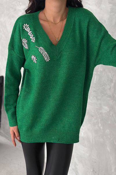 FEMELLE Pulover de damă, verde, mărime standard, brodat cu piatră