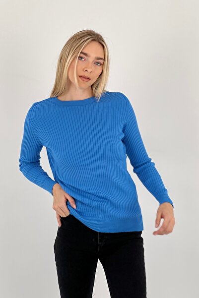 Miss Poem Women's Crew Neck Long Sleeve Winter Blue Knitwear Sweater