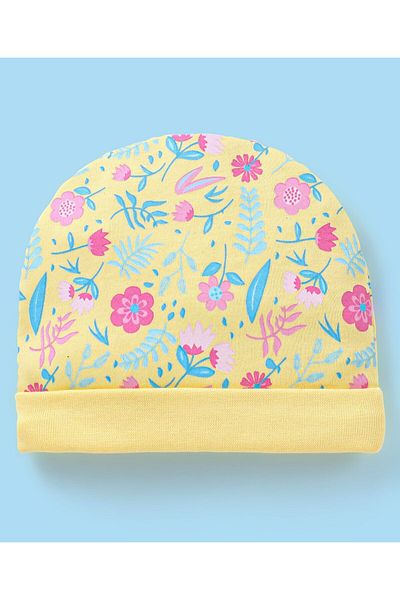 Babyhug Cotton Floral Print Cap Mittens & Booties Set - Yellow