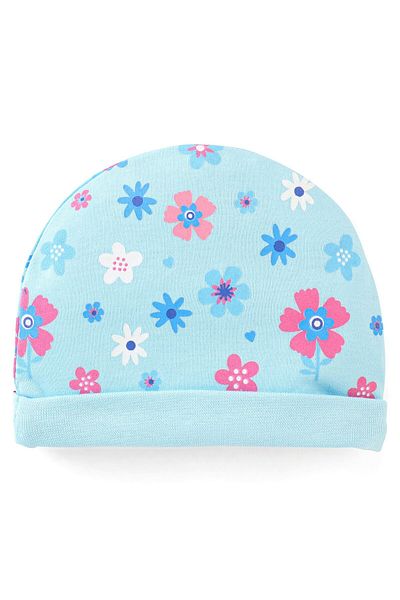 Babyhug 100% Cotton Cap Mittens & Booties Set Floral Print- Blue