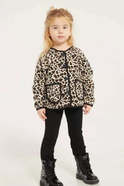 Kidmark Çocuk Modası Kız Çocuk Leopar Polar Ceketli Triko Taytlı Takım