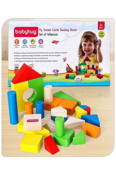 Babyhug مجموعة مكعبات بناء قلعة أحلامي من Babyhug للأعمار من 3 سنوات فما فوق، 40 قطعة خشبية قابلة للتكديس